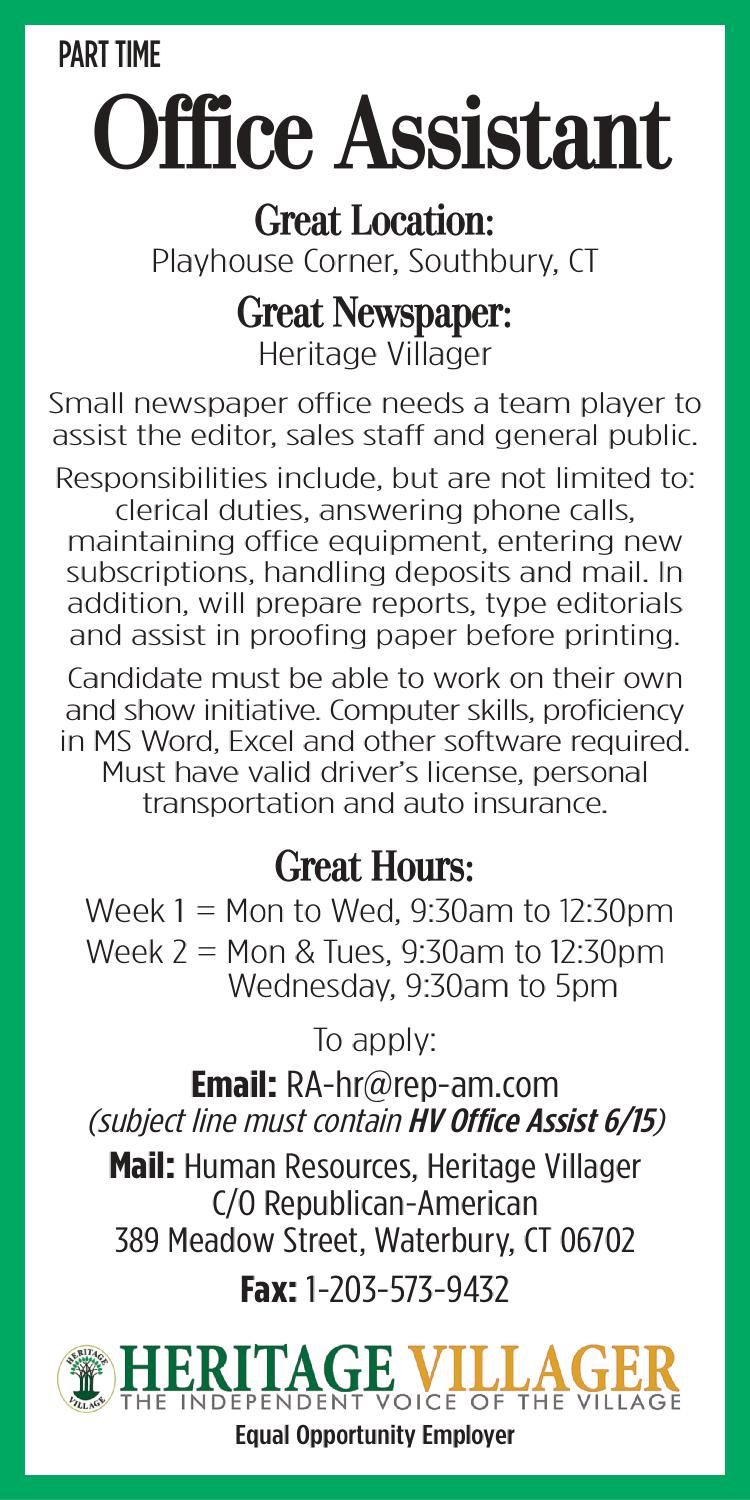 Job Details PART TIME Office Assistant at Heritage Villager